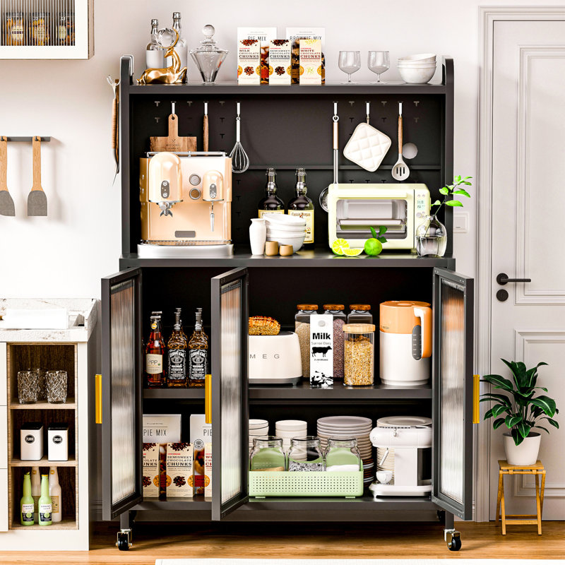Latitude Run Carbon Steel Kitchen Storage Cabinets Microwave Stand Bakers Racks For Kitchens With Storage Microwave Cart Transparent Flap Door De